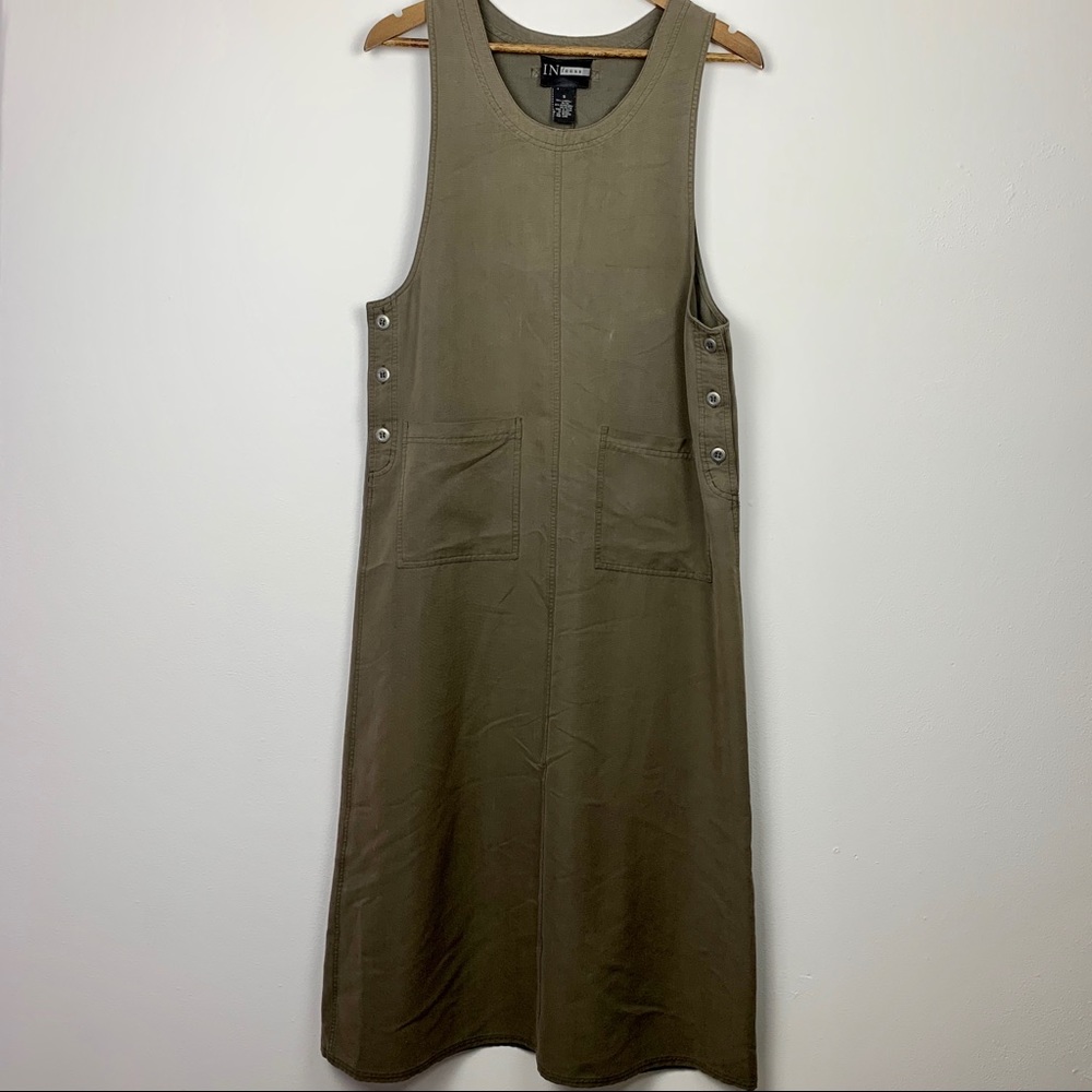 Vintage Olive Green Maxi Dress with Snap Sides